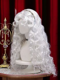 Inspired by the White Queen from Alice in Wonderland, this wig boasts a lustrous pearl-silver hue reminiscent of shimmering pearls. Its voluminous locks cascade like seaweed, offering an air of noble elegance and sophistication when worn.  Price includes one wig only.   	 		 			Size 			Free Size 		 		 			Length 			80 White Hair Claims For Dr, White Hair Hairstyles For Women, Ice Queen Hairstyles, White Queen Alice In Wonderland Art, Alice In Wonderland Real Life Movie, Pretty Birthday Hairstyles, Long Wigs With Bangs, Long Hair Wig Styles, White Hair Outfit