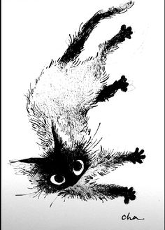 a black and white drawing of a cat with its paw in the air while looking up