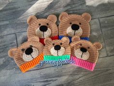 four brown teddy bears sitting next to each other