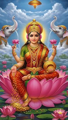 the hindu goddess sitting on top of a lotus flower with two elephants in the background