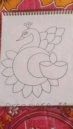 a drawing of a turkey on a piece of paper with an orange flowered background