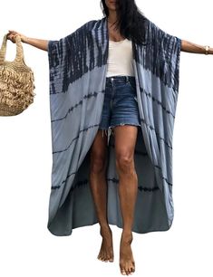 PRICES MAY VARY. One-size beach bathing suit cover up with a long design, flowy casual oversized loose fitting. Length: 53.2" Shoulder: 40.9" This open-front kimono cardigan features roomy sleeves, bohemian style, and irregular tie-dye striped printing that's chic and stylish. This kimono cover up is made of soft and comfortable fabric, lightweight, breathable, and easy to put on and take off, making it the perfect sunscreen. Be used as a casual cover up, over a simple undershirt or jeans in dai Kimonos, Manche, Plus Size Cover Up, Printed Kimono Jacket, Long Oversized Cardigan, Kimono Beach Cover Up, Plus Size Bohemian, Cardigan Kimono, Beach Kimono