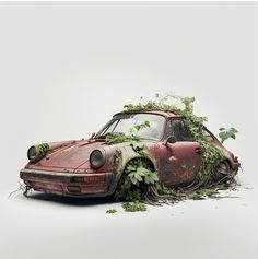 an old car covered in vines and ivys