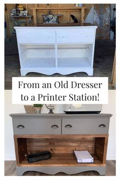 an old dresser is painted white and has the words from an old dresser to a printer station