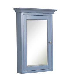 a blue medicine cabinet with a mirror above it