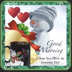 a christmas card with a snowman holding a coffee mug