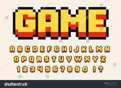 an old school computer game font and numbers set in pixel style, with the letters to be