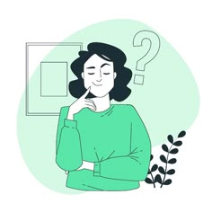 a woman sitting in front of a wall with question marks above her head and plant next to it