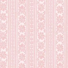 a pink and white striped wallpaper with small flowers on the side, in an ornate pattern