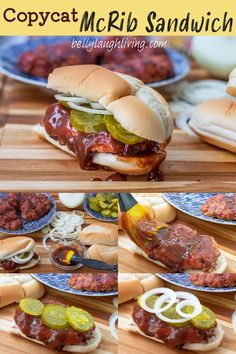 Copycat McRib Sandwich-Homemade boneless pork ribs sandwich with bbq sauce, pickles, and onion on a bun Ribs Sandwich, Pork Chop Sandwiches, Pork Sandwich Recipes, Bbq Pork Sandwiches