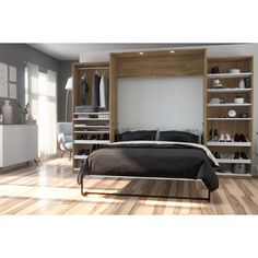 a bedroom with a bed and shelves in it