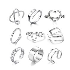 PRICES MAY VARY. No Fading stainless steel stackable rings, smooth polished and wear comfortable, Durable premium material, Tarnish-Resistant, anti-allergic, no corrosion, our adjustable rings set Never turn your fingers green! 9 pcs knuckle rings set package included paper clip chain link rings, double layer rings, wide band rings, twist cuff wrap ring, minimalist circle ring, love heart rings, heart-beat of rings, criss-cross ring, wave rings. Adjustable Rings set, open size simple rings set s Finger Band, Midi Ring Set, Index Finger Rings, Middle Finger Ring, Criss Cross Ring, Stackable Ring Sets, Layered Rings, Silver Ring Set, Linking Rings