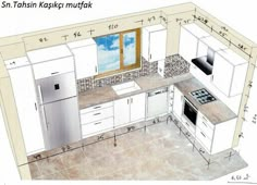 a drawing of a kitchen with an oven, sink and countertop space in it