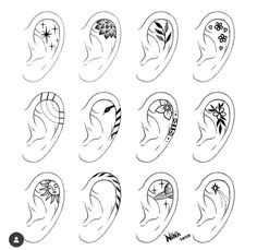 the different types of ear piercings are shown in black and white, including one with an