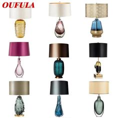 several lamps with different shades and designs on them, all in different shapes and sizes