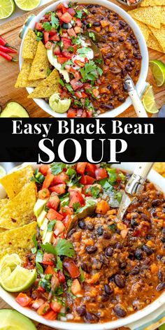 two bowls filled with black bean soup and tortilla chips