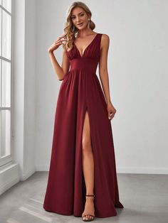 Double V Neck High Waist Split Formal Dress Burgundy   Sleeveless Fabric Plain A Line High Stretch  Weddings & Events, size features are:Bust: ,Length: ,Sleeve Length: High Split Dress, 파티 드레스, Evening Dress Floor Length, Dress Wedding Guest, Ever Pretty, Evening Dresses Cocktail, A Line Prom Dresses, Split Dress, Party Gowns