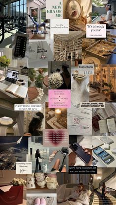 a collage of photos with various items and words on them, including books, magazines, pictures, and more