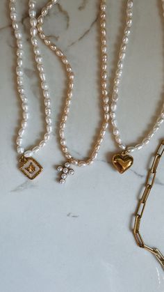 14 inch chain on shortest clasp and 17 inch on longest - 18k Gold Plated - Stainless Steel Filled - Water-resistant - Hypoallergenic Pearls Necklace, Beach Collection, Ring Bracelet, Necklace Set, Pearl Necklace, 18k Gold, Gold Plate, Water Resistant, Gift Card