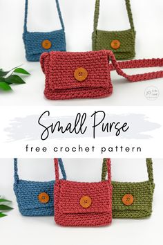 three crocheted purses with buttons on the front and side, one in red, one in blue