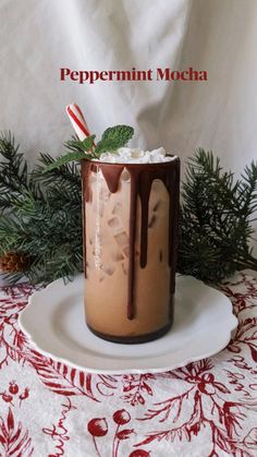 a chocolate drink with whipped cream and candy canes in it on a white plate