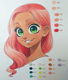 a drawing of a girl with pink hair and green eyes, surrounded by color swatches