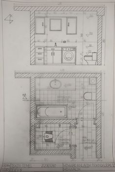 two drawings of the same bathroom in different stages of being built, with each section showing its own sink and toilet