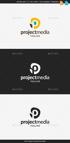 the logo for project media is shown in three different colors and font styles, including one that