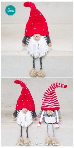 crocheted gnomes made from yarn are shown in two different ways, one is red and the other is white