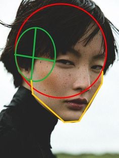 a woman's face with a red circle in the middle and green circles around her head