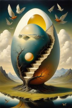 an egg with stairs leading up to the sky