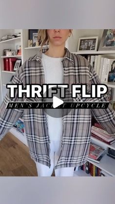 a woman standing in front of a bookshelf with the words thrift flip on it