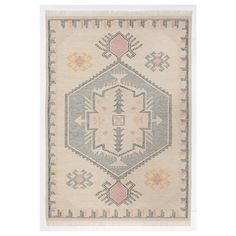 a rug with an intricate design on the front and back side, in light grey