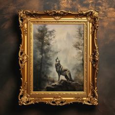 an oil painting of a wolf in the woods