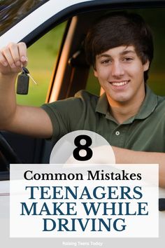 a young man is smiling and holding the keys to his car while he sits in the driver's seat