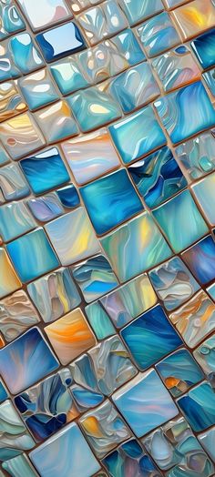 an abstract painting of blue and yellow tiles