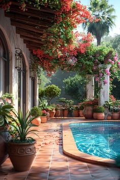 an outdoor pool surrounded by potted plants