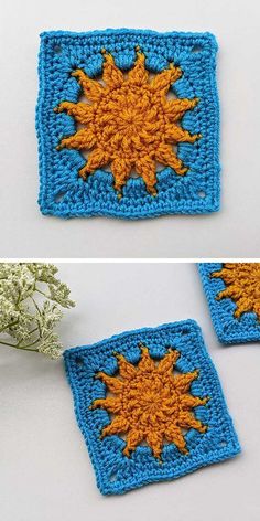 a blue crochet granny square with a sun yellow central motif Modern Haken, Granny Square Pattern Free, Blanket Ideas, Adorable Crochet, Beginner Crochet Projects, Haken Baby, Crochet Square Patterns