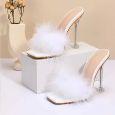 Shein Brand New In Box Never Worn Purchased For A Tinker Bell Costume High Arch Women’s Size 6.5 Transparent High Heels, Fluffy Heels, Ladies Slides, 파티 드레스, Summer Heels, Womens Summer Shoes, Heel Slippers, White Pumps, White Heels