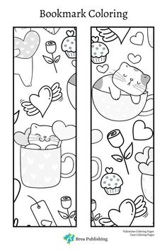 the bookmark coloring page is filled with images of cats and cupcakes, as well as hearts