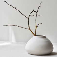 a white vase with branches in it on a table