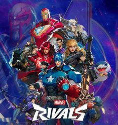 the movie poster for marvel's rivals is shown in front of an image of various