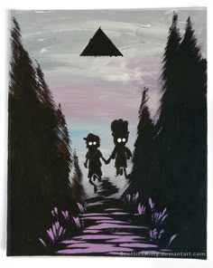 a painting of two people walking down a road with trees on either side and an upside down triangle above them