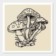 three mushrooms are sitting on the ground, one is drawn in black and white ink