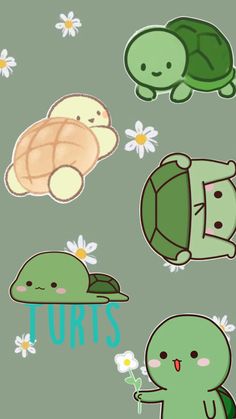 an image of turtle stickers on the back of a cell phone with flowers and daisies