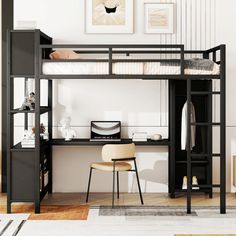 a loft bed with desk underneath it in a room that has white walls and wood floors