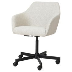 an office chair with wheels and a white upholstered seat, viewed from the front