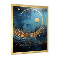 an abstract painting with gold circles and blue paint on the canvas, it is very nice to