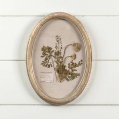 an oval wooden frame with pressed flowers in it