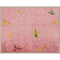 a pink background with birds flying in the sky and on top of it is a yellow bird